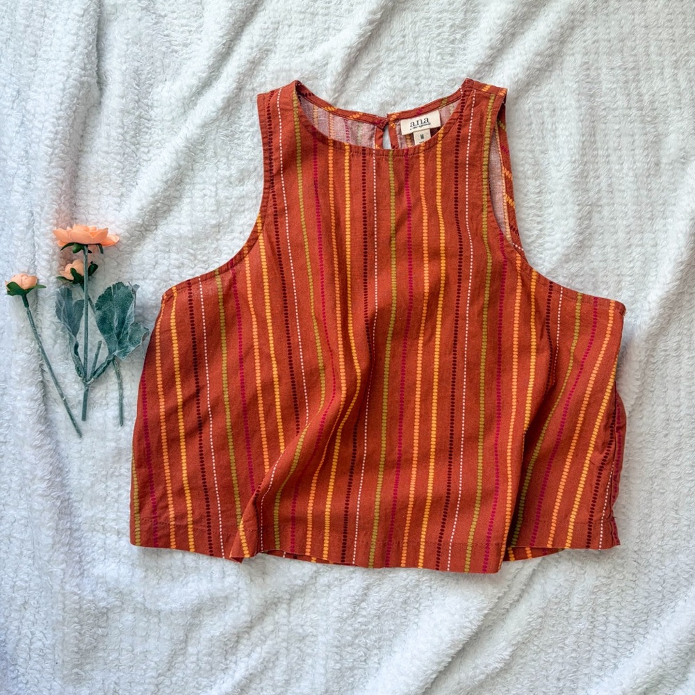 a.n.a Striped Orange Linen Blend High Neck Crop Top M Casual Summer Tank Top